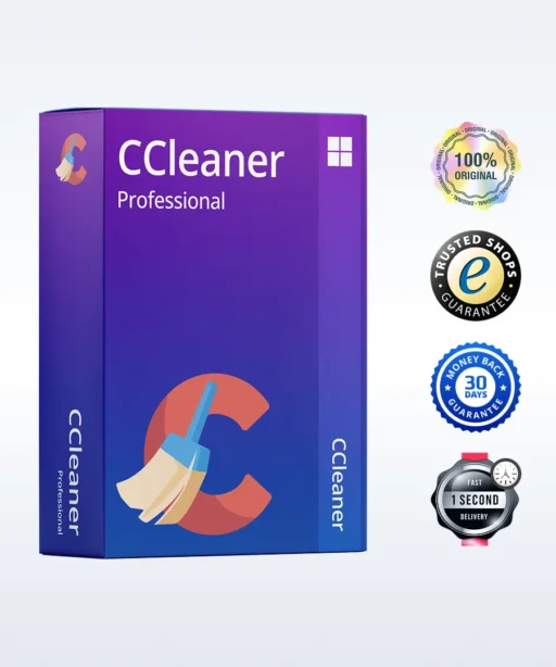 Boîte du logiciel CCleaner Professional avec un grand logo "C" et balai, accompagnée de 4 badges qualité sur fond clair.