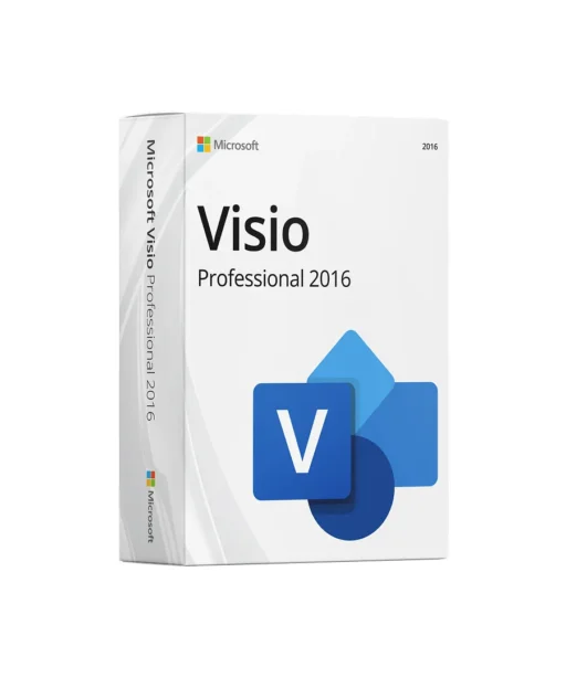 Boîte Microsoft Visio Professional 2016 avec logo bleu et formes superposées, branding Microsoft, sur fond blanc épuré.