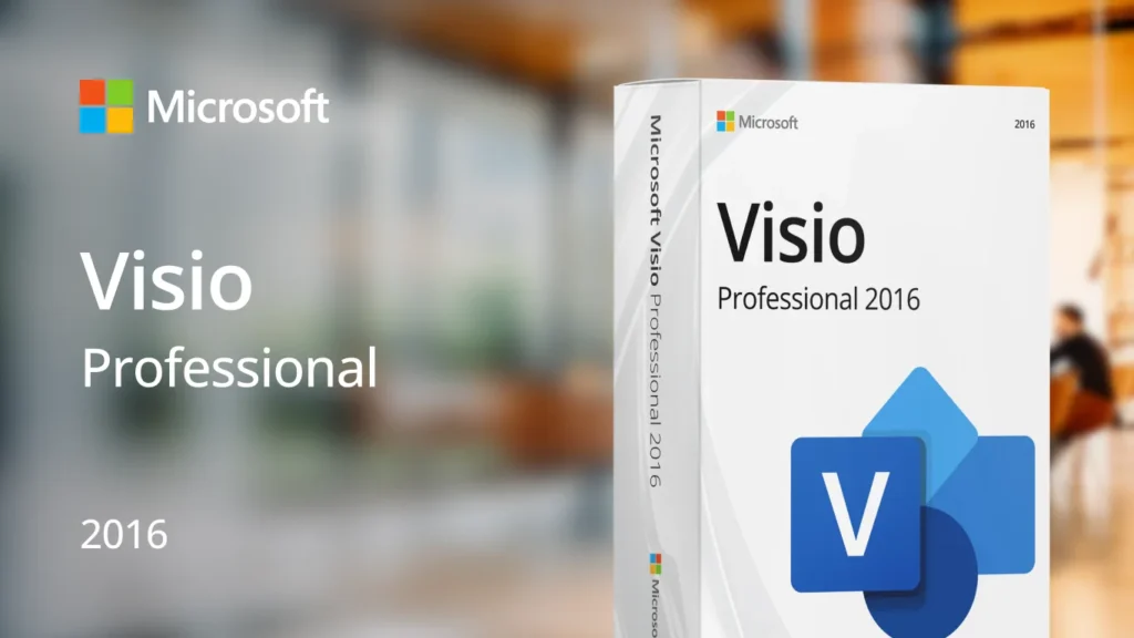 Microsoft Visio Professional 2016 product box against a blurred office background