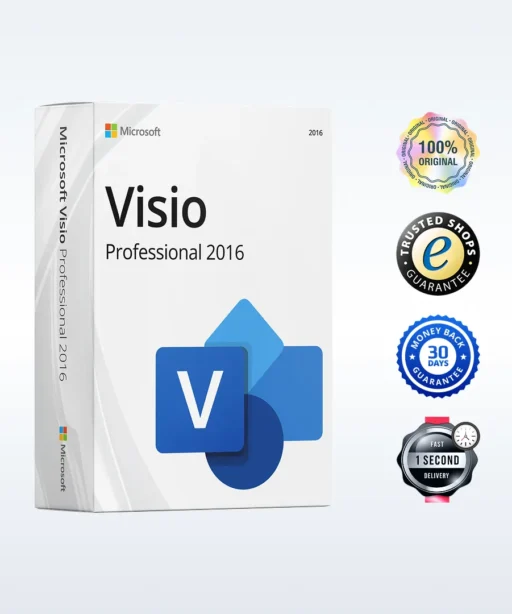 Boîte du logiciel Microsoft Visio Professional 2016 avec des badges : 100% original, garantie boutique, 30 jours satisfait ou remboursé.