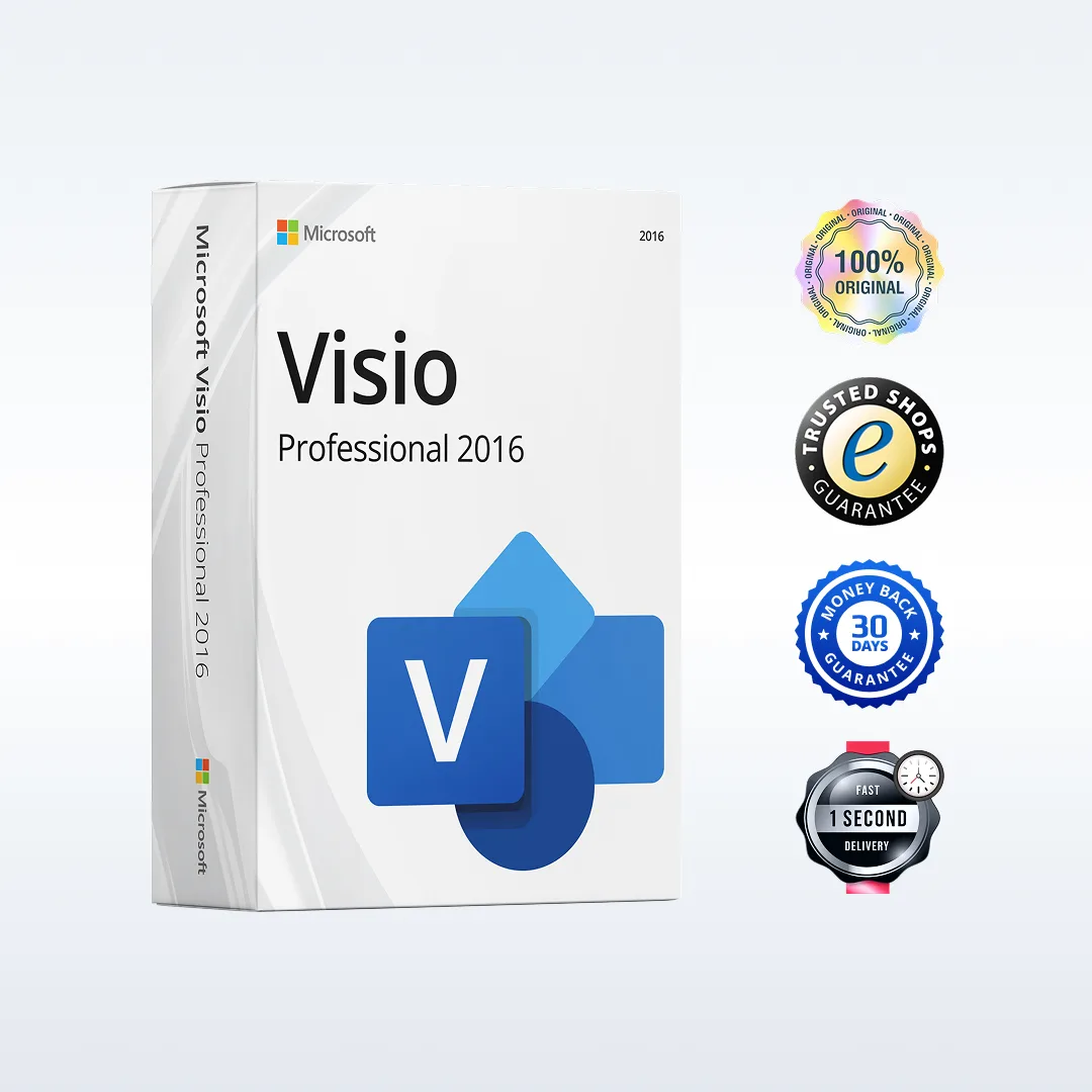 Boîte du logiciel Microsoft Visio Professional 2016 avec des badges : 100% original, garantie boutique, 30 jours satisfait ou remboursé.
