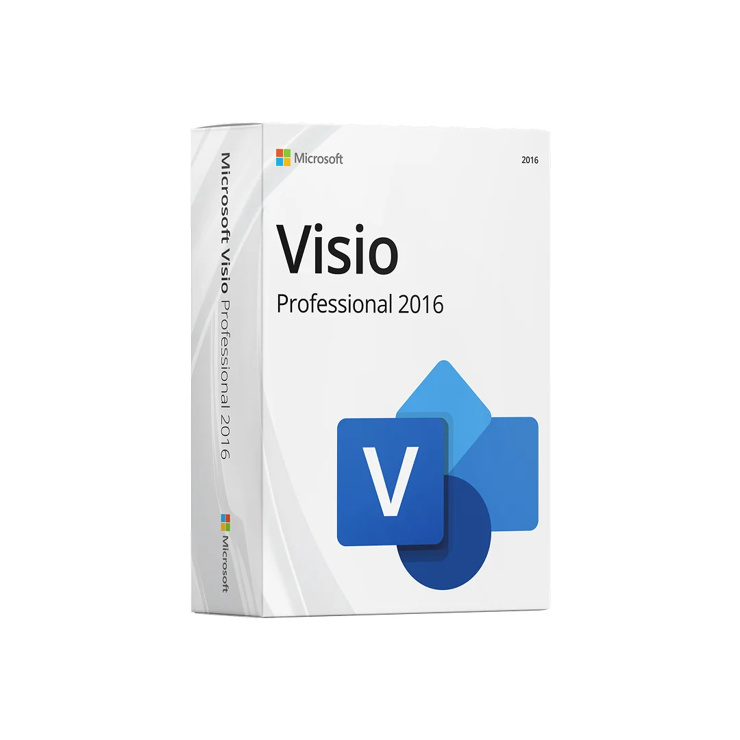 Boîte Microsoft Visio Professional 2016 avec logo bleu et formes superposées, branding Microsoft, sur fond blanc épuré.