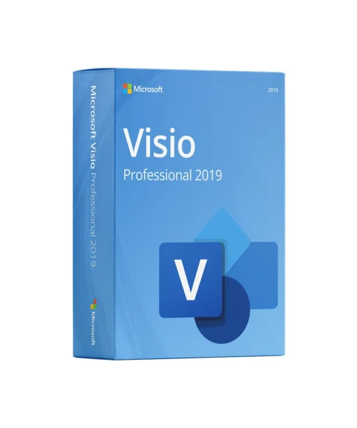 Boîte bleue de Microsoft Visio Professional 2019, avec logo Visio et nom du produit devant, marque Microsoft visible sur le côté.