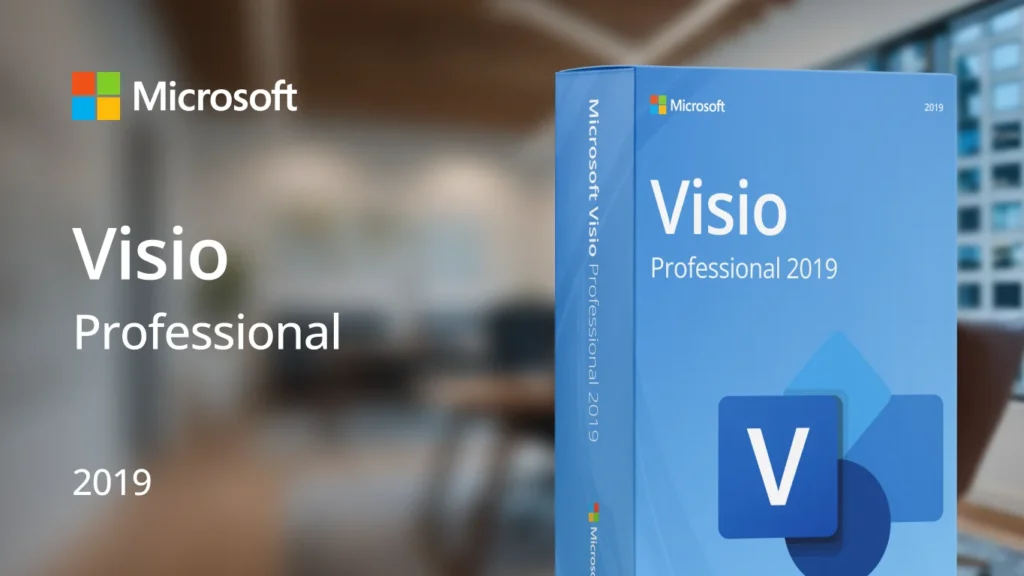 Microsoft Visio Professional 2019 product box against a modern office blur background
