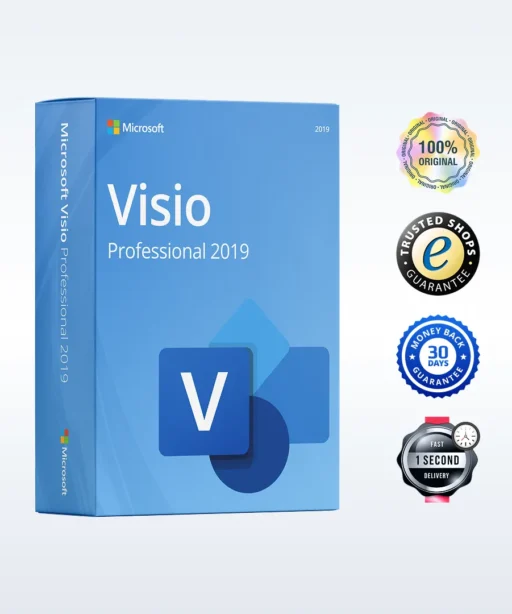 Boîte bleue de Microsoft Visio Professional 2019 avec quatre badges : original à 100%, boutique fiable, garantie 30 jours, livraison immédiate.