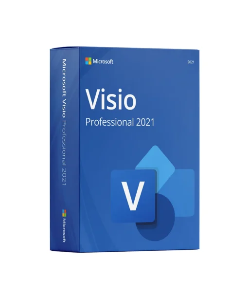 Boîte bleue de Microsoft Visio Professional 2021 avec logo Microsoft, nom du produit et motifs géométriques sur la face et le côté.