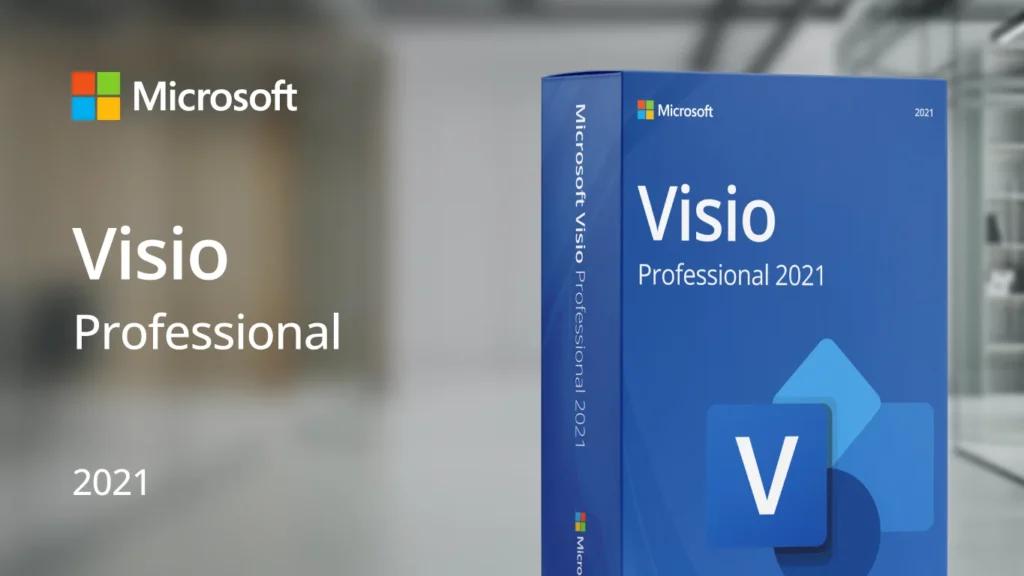 Microsoft Visio Professional 2021 product box against a modern office background
