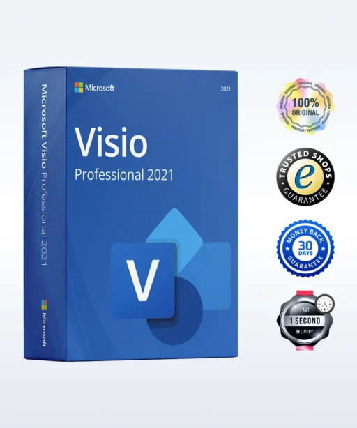 Boîte bleue de Microsoft Visio Professional 2021 avec badges : 100% original, garantie, remboursement 30j, livraison en 1s.
