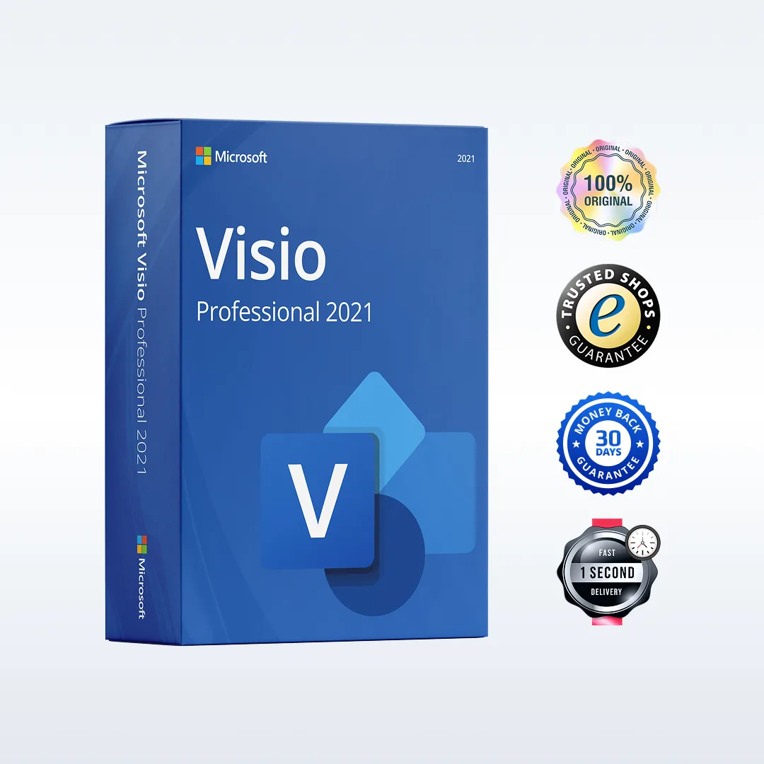 Boîte bleue de Microsoft Visio Professional 2021 avec badges : 100% original, garantie, remboursement 30j, livraison en 1s.