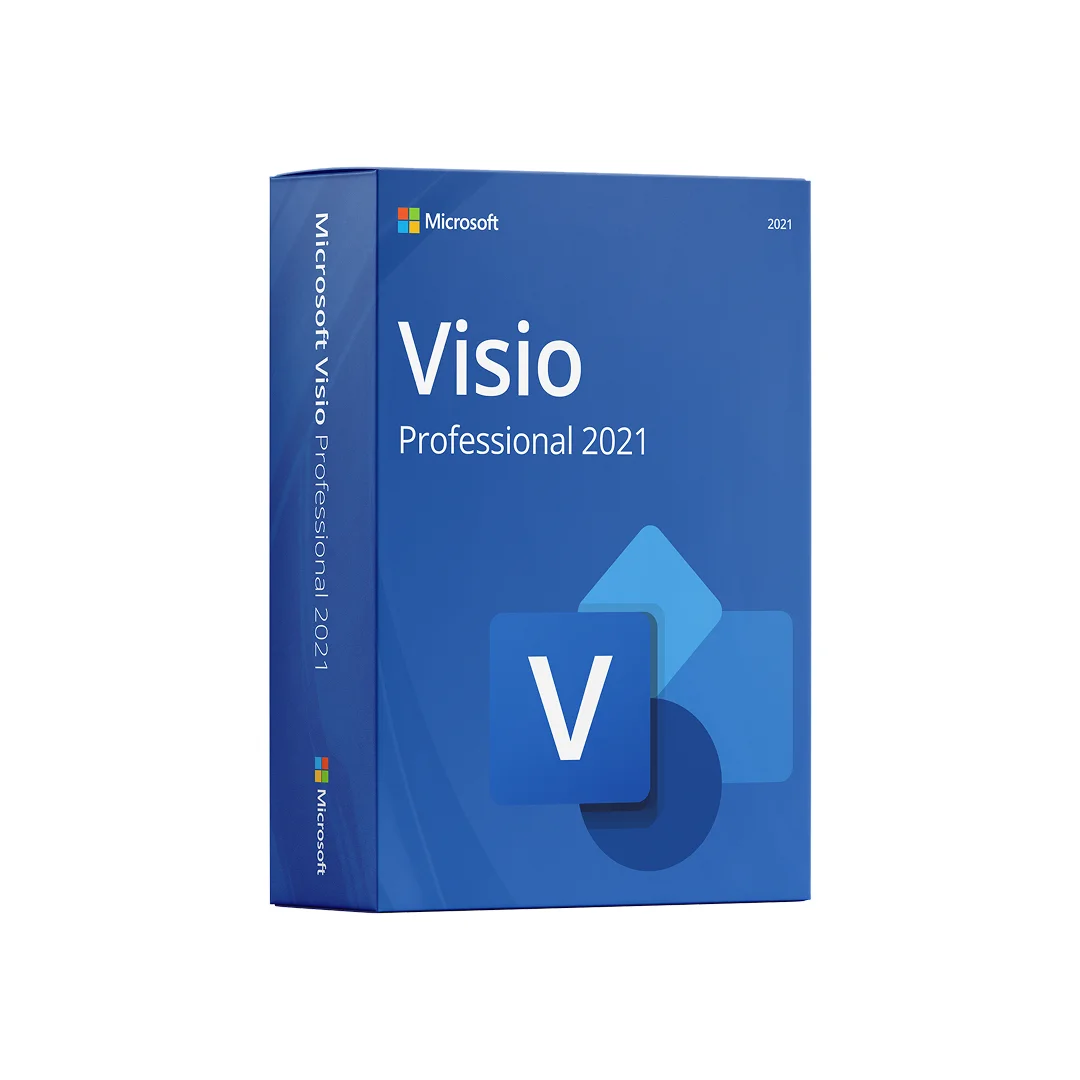 Boîte bleue de Microsoft Visio Professional 2021 avec logo Microsoft, nom du produit et motifs géométriques sur la face et le côté.
