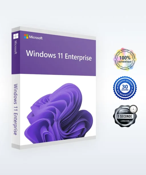 Boîte du logiciel Microsoft Windows 11 Enterprise sur fond clair, avec quatre badges : 100% Original, Garantie, Remboursement 30j, Livraison rapide.