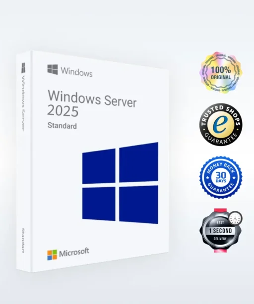 Boîte du logiciel Windows Server 2025 Standard avec quatre badges : 100% Original, Garantie, Remboursement 30j, Livraison en 1s.