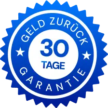 Badge rond bleu avec texte blanc " Geld zurück Garantie, 30 Tage " indiquant une garantie satisfait ou remboursé 30 jours en allemand.