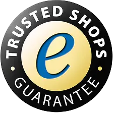 Logo Trusted Shops : cercle jaune avec un e bleu au centre, entouré d'un anneau noir marqué "TRUSTED SHOPS GUARANTEE" en blanc.