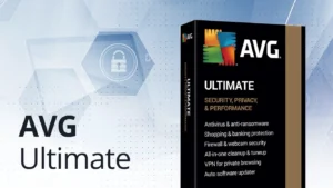 AVG Ultimate product box on a stylized security and network background