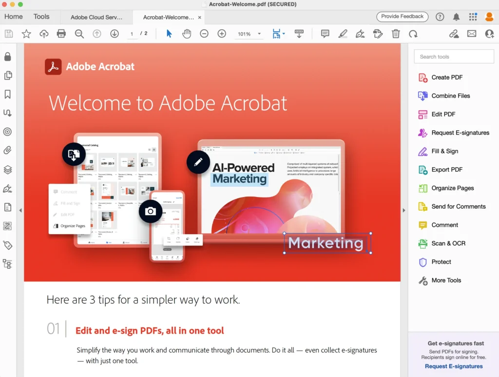 Interface Adobe Acrobat Pro 2020 – édition PDF, signatures électroniques et outils professionnels.