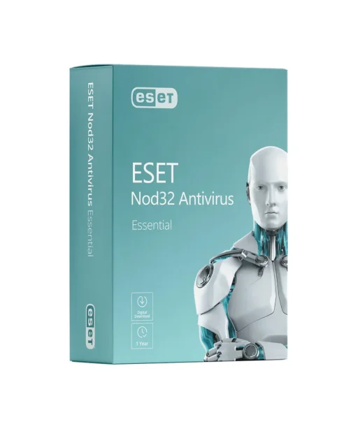 Boîte du logiciel ESET Nod32 Antivirus Essential avec un robot futuriste sur fond bleu-vert, nom du produit et logo bien visibles.