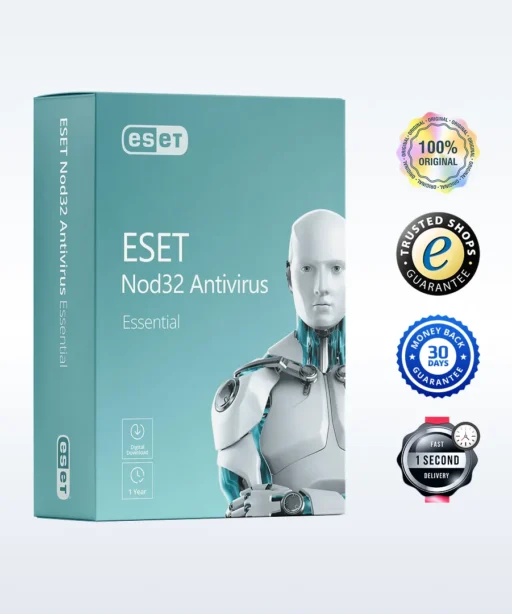 Boîte d'ESET Nod32 Antivirus Essential avec robot affiché, accompagnée de badges : 100 % original, Trusted Shops, remboursement 30j, livraison 1s.