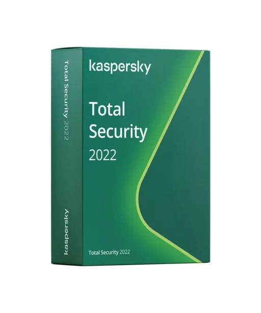 Boîte verte du logiciel Kaspersky Total Security 2022, design moderne et minimaliste, texte blanc, posée sur fond blanc épuré.