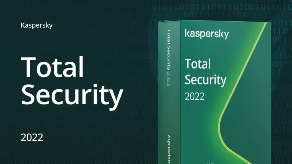 Kaspersky Total Security 2022 product box on a dark green security background with binary code