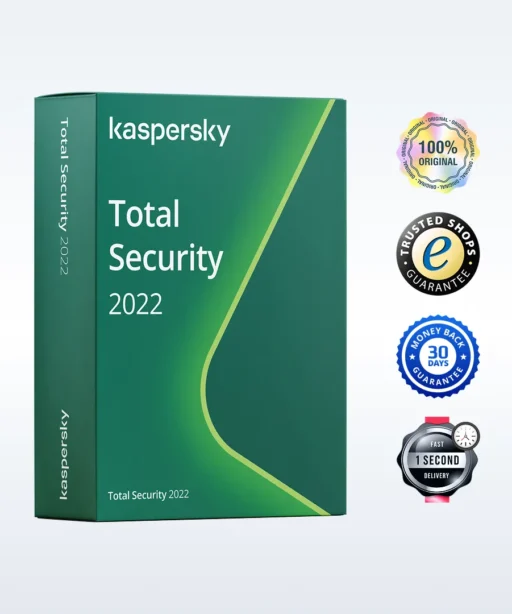 Boîte verte du logiciel Kaspersky Total Security 2022 avec quatre badges : 100 % original, Trusted Shops, 30 jours remboursé, livraison rapide.
