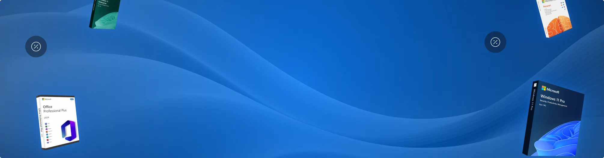 Boîtes de logiciels Microsoft Office, Windows 11 et outils de récupération flottant sur fond bleu ondulé avec icônes plus circulaires.
