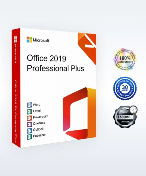 Boîte de Microsoft Office 2019 Professional Plus avec icônes Word, Excel, PowerPoint, OneNote, Outlook, Publisher et 4 badges à droite.