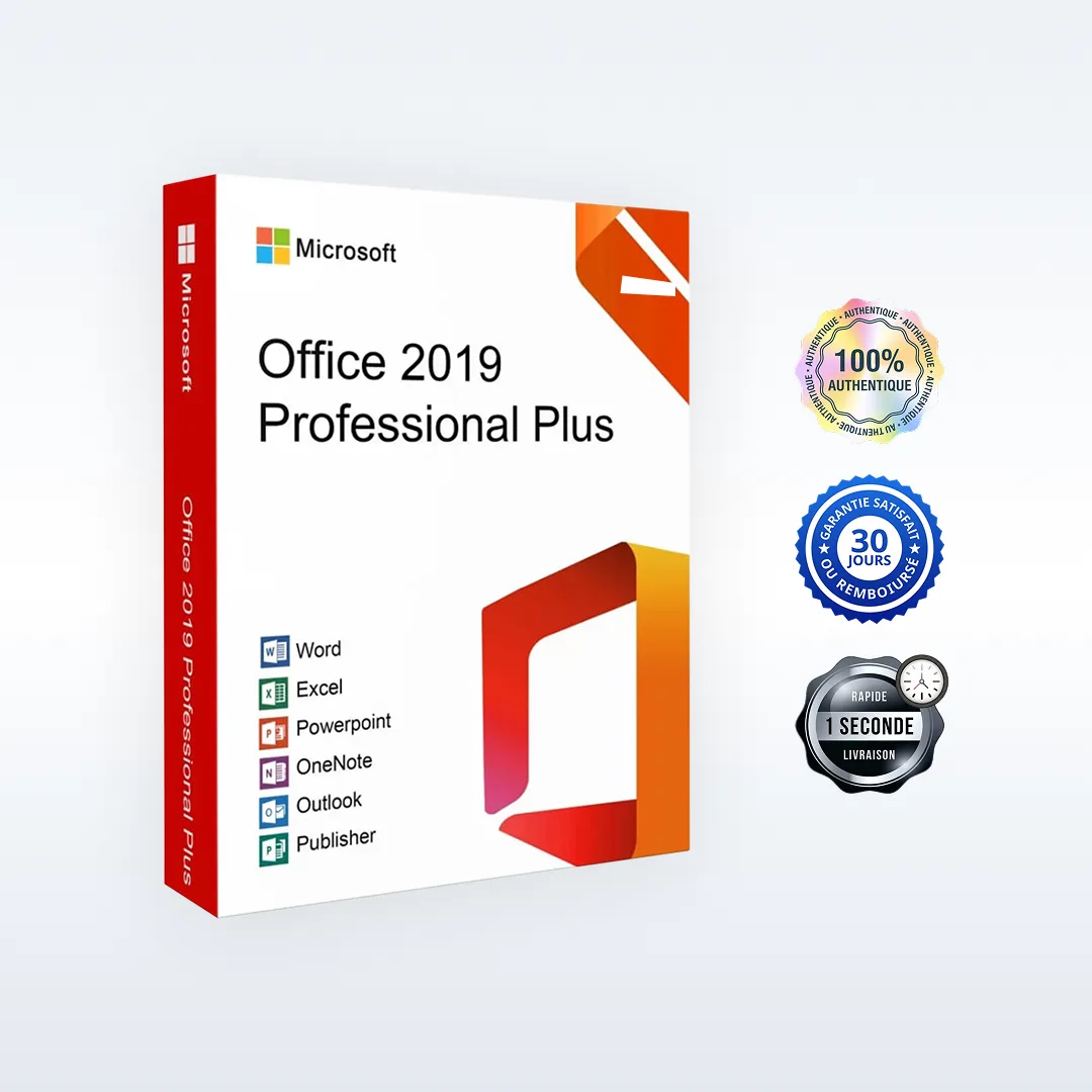 Boîte de Microsoft Office 2019 Professional Plus avec icônes Word, Excel, PowerPoint, OneNote, Outlook, Publisher et 4 badges à droite.