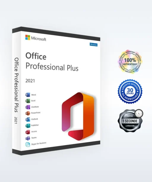 Boîte de Microsoft Office Professional Plus 2021 avec icônes d'applications, accompagnée de badges original, garantie et livraison rapide.