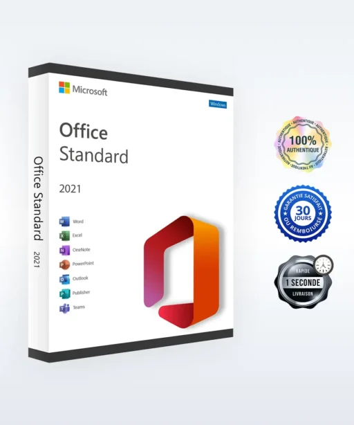 Boîte du logiciel Microsoft Office Standard 2021 avec icônes Word, Excel, OneNote, PowerPoint, Outlook et badges "100% original".