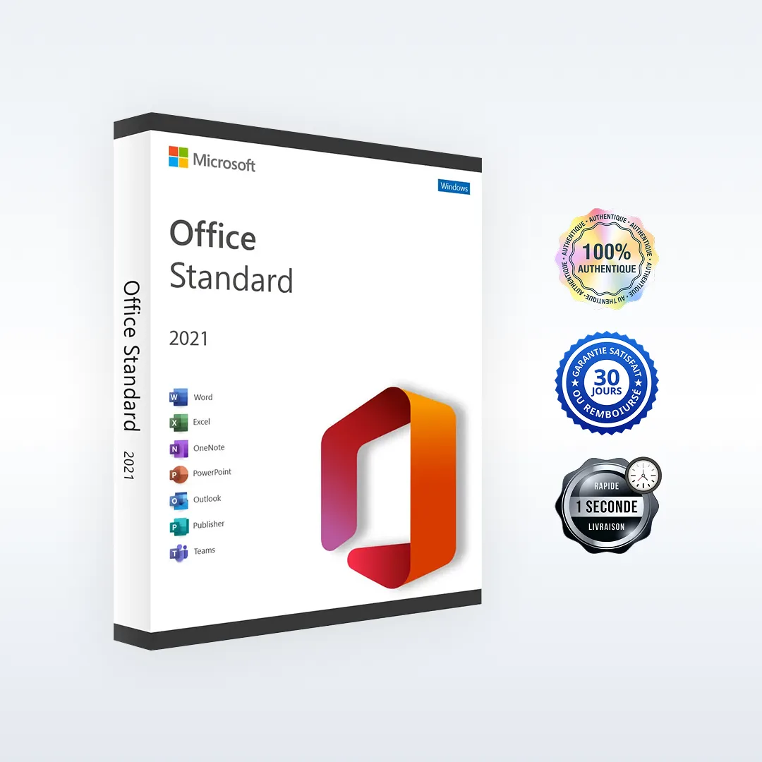 Boîte du logiciel Microsoft Office Standard 2021 avec icônes Word, Excel, OneNote, PowerPoint, Outlook et badges "100% original".