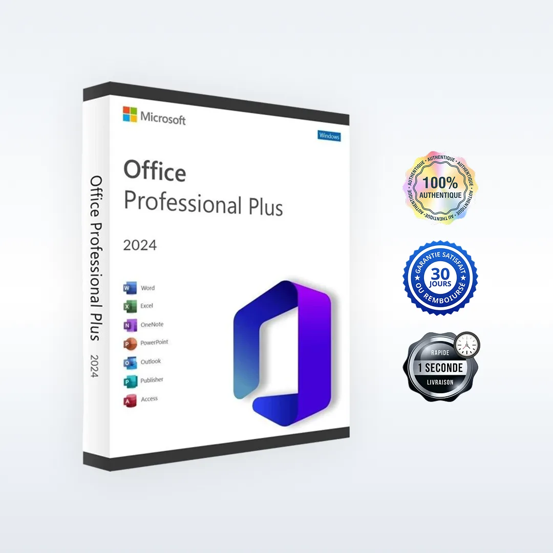 Image d'une boîte Microsoft Office Professional Plus 2024 avec quatre badges : original 100 %, garantie, remboursement 30j, livraison rapide.