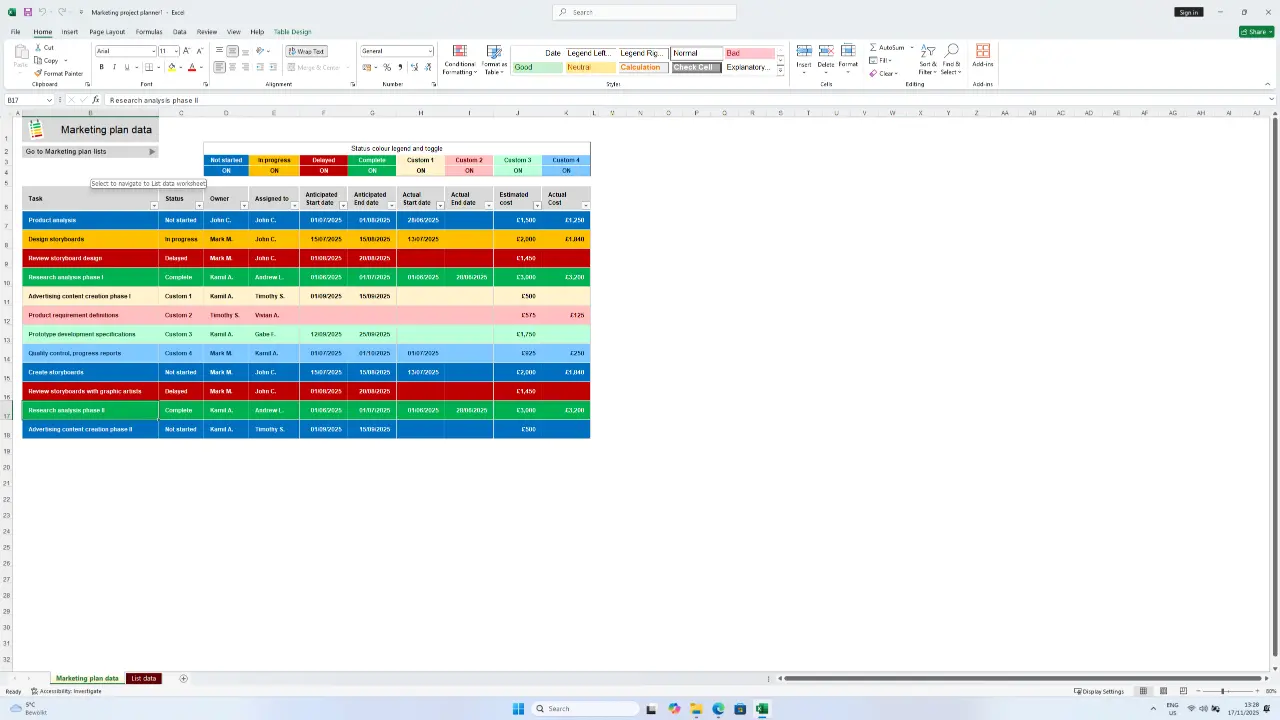 Capture d'écran d'un tableau Excel coloré intitulé Suivi du plan marketing, affichant tâches, responsables, échéances et statuts.