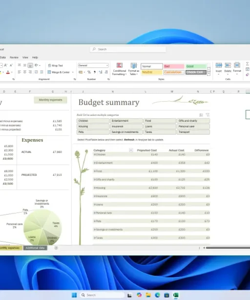Capture d'écran d'un tableur Excel présentant un aperçu du budget personnel avec tableaux, graphiques et dépenses par catégorie sur fond Windows 11.