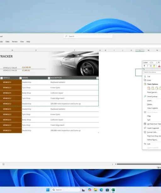 Écran d'ordinateur affichant un tableur Excel "Automotive Repair Tracker" avec détails auto et réparations, menu clic droit ouvert sur le bureau Windows 11.