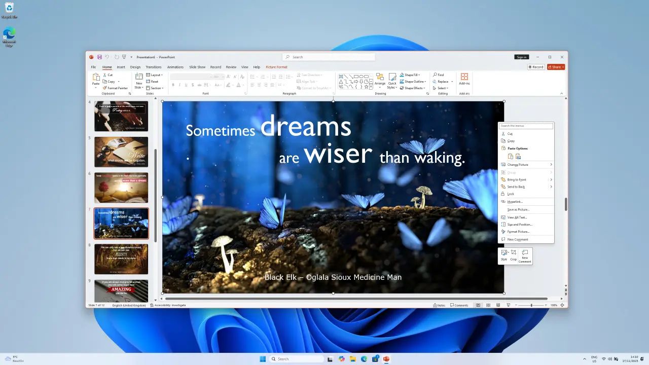 Diapositive PowerPoint affichée sur écran d'ordinateur, avec des papillons bleus en forêt et citation de Black Elk.