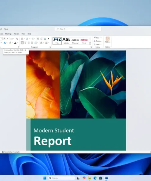 Une fenêtre Microsoft Word affiche un document " Modern Student Report " avec une couverture abstraite de feuilles orange et vertes. La barre des tâches et le fond d'écran de Windows 11 sont visibles en arrière-plan.