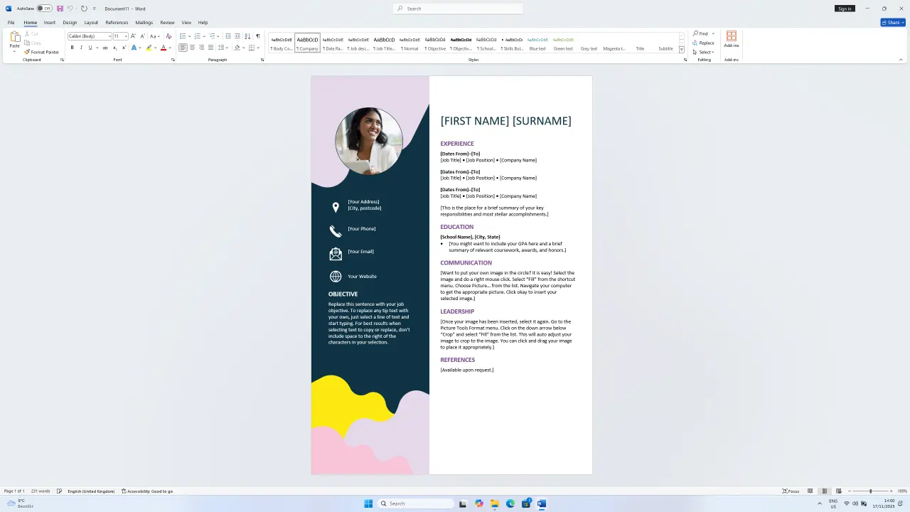 Capture d'écran d'un CV moderne sous Word : photo, icônes et infos sur fond bleu à gauche, expériences et diplômes à droite.