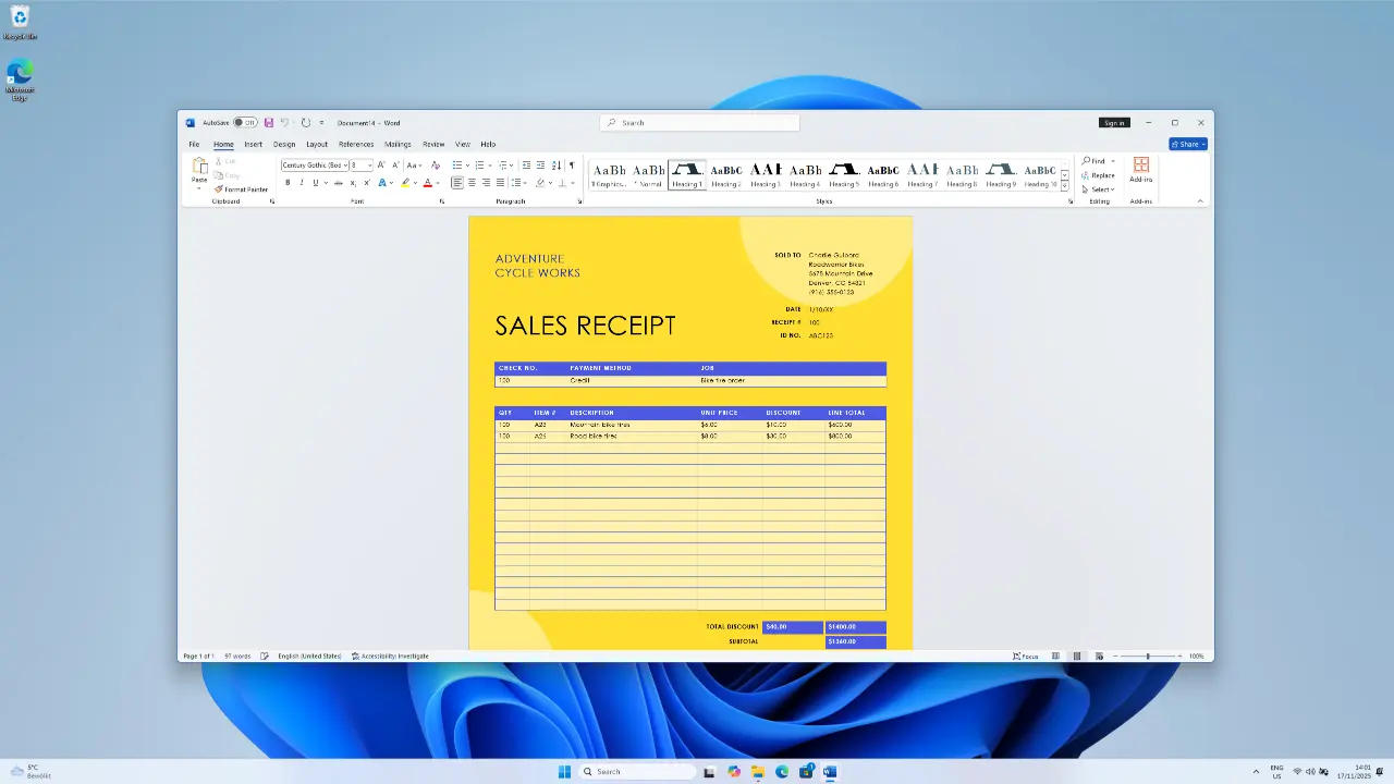 Écran d'ordinateur affichant un reçu de vente Word jaune et bleu avec date, numéro de facture, détails, liste et montant total.