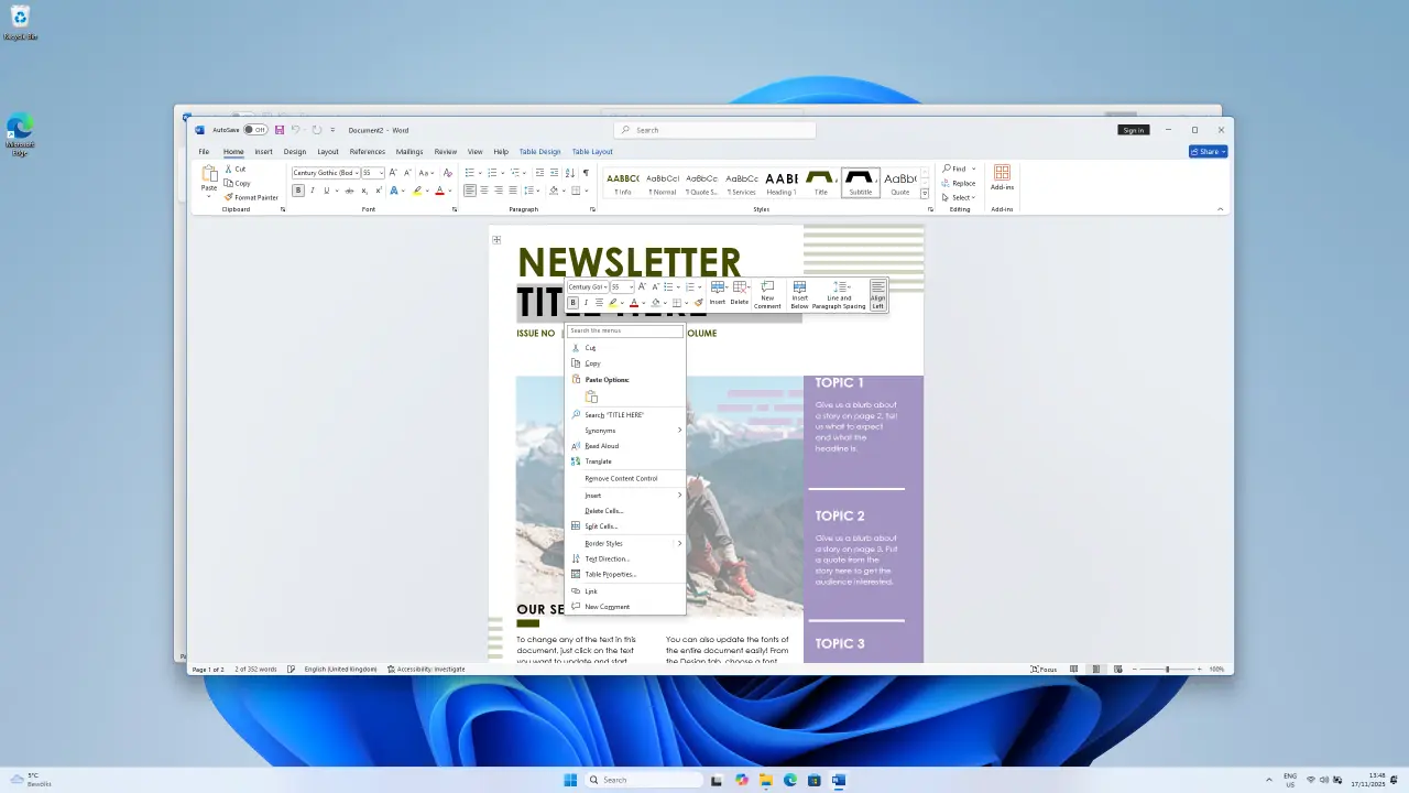 Fenêtre Microsoft Word affichant l'édition d'un modèle de newsletter, menu contextuel sur une image, fond Windows 11.