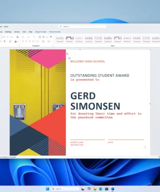 Un certificat coloré de Meilleur Élève pour Gerd Simonsen s'affiche dans Word sous Windows, avec formes géométriques et casiers jaunes à gauche.