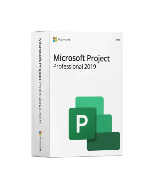 Boîte blanche de Microsoft Project Professional 2019 avec logo Microsoft, nom du produit et icône P verte, au design épuré et moderne.