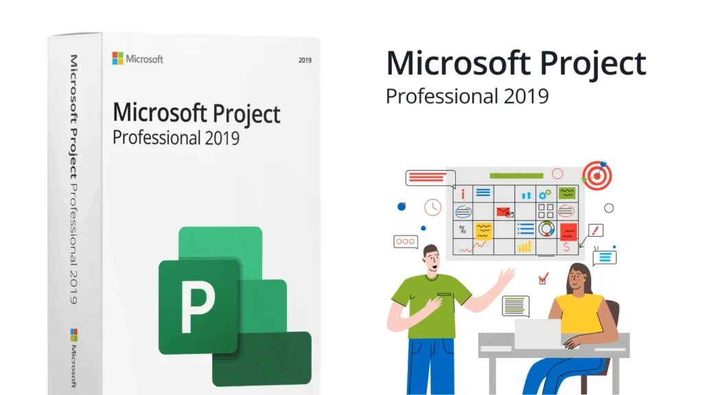 Boîte Microsoft Project Professional 2019 avec illustration d’équipe et de planification sur fond blanc
