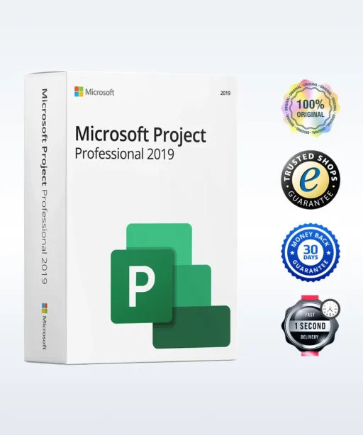 Boîte de Microsoft Project Professional 2019 sur fond clair, avec quatre badges : 100% original, vendeur fiable, garantie 30 jours, livraison rapide.