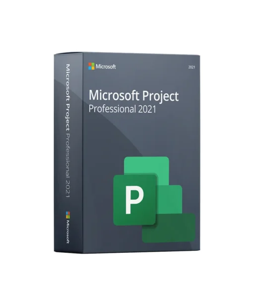 Boîte de Microsoft Project Professional 2021 avec logo Microsoft, nom du produit et icône verte sur fond gris foncé, vue inclinée.
