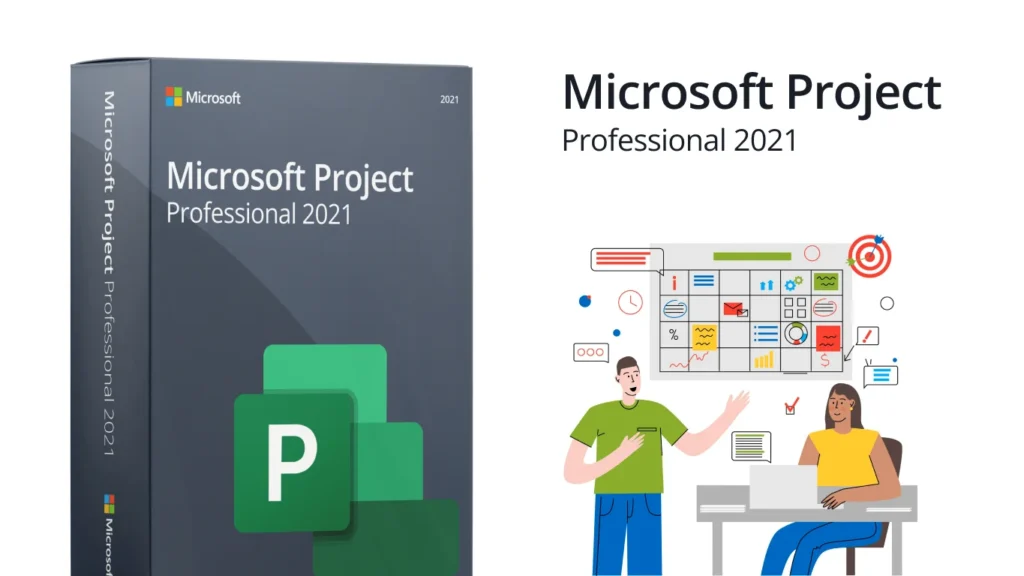 Boîte Microsoft Project Professional 2021 avec illustration d’équipe et de planification sur fond blanc