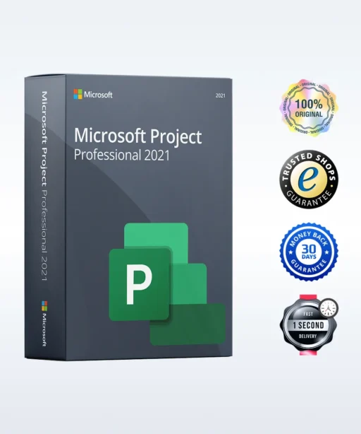 Une boîte de Microsoft Project Professional 2021 avec quatre badges : 100% original, garantie Trusted Shops, 30 jours remboursés, livraison en 1 seconde.