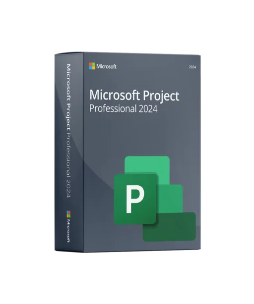 Boîte de Microsoft Project Professional 2024 avec logo Microsoft et icône verte P sur fond foncé, présentée en angle.