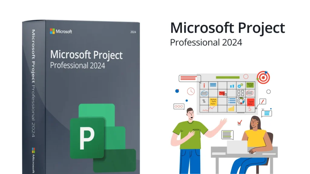 Boîte Microsoft Project Professional 2024 avec illustration d’équipe et de planification sur fond blanc