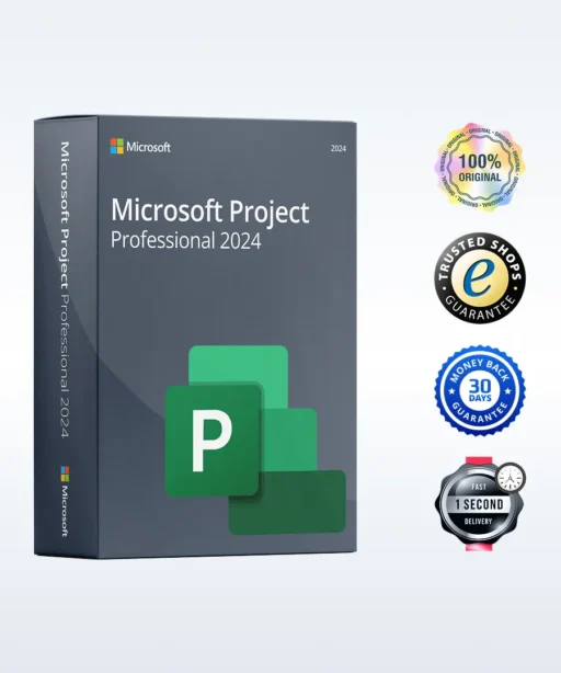 Boîte de Microsoft Project Professional 2024 avec quatre badges à droite : 100% original, boutique fiable, garantie 30 jours, livraison en 1 seconde.
